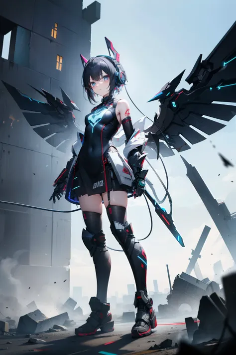 Standing in a devastated world、Wearing mechanical headphones、Dressed in Powered Armor、Girl with mechanical wings on her back。