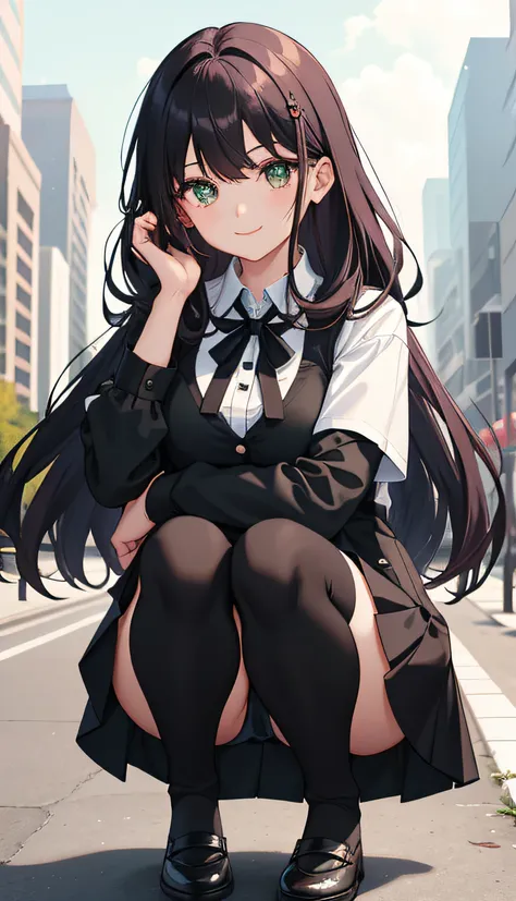 1girl in、A smile、The shirt、skirt by the、（very Bigger breasts）Chilarism、Parkers Outerwear、Ultra mini skirt、((Black knee-high socks))、（Sheer bra）、Upper body portrait、maroon hair、Squatting panchira、Green eyes、espadrilles、Taken from the front、