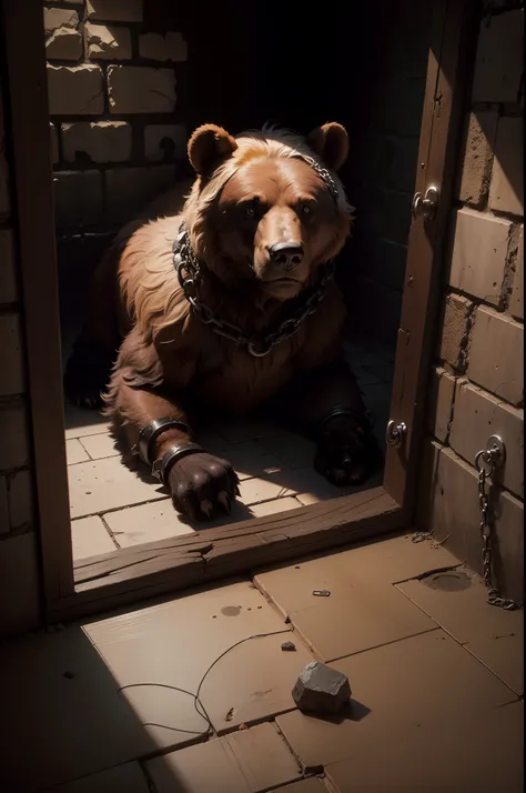 An old bear trapped in a prison cell, brown fur, bloody fur, injured, tortured, oil painting, ((dark prison)), prison cell, dark room, dirty, stone, iron cell, medieval, fantasy, church, (tall creature), no lights, very dark, character on the floor, ((sitt...