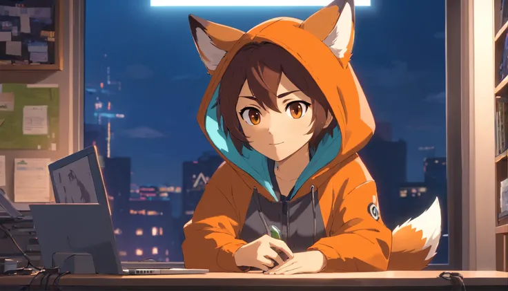 Pixar movie-style 20s adorable fox, wearing a hood, cinematic lighting, depth sensing, hyper detailed, 8k quality. One hand crossed the hundred，male upper body, best quality, human-like body figure), looking at viewer in dark orange sweatshirt and sunglass...