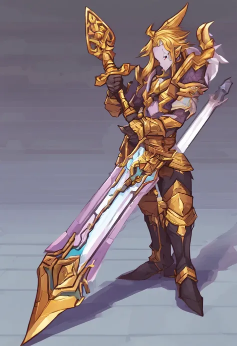 um close up de uma espada com um design dourado e roxo con una rosa blanca, design de espada, espada de fantasia, espada enorme, arte da arma do RPG de fantasia, espada bonita, espada grande, Espada de fantasia de guerreiro, espada grande, Espada de Ouro, ...