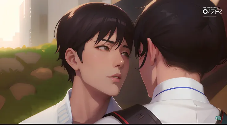 Anime couple in a park looking at each other, Obras de arte al estilo de Guweiz, Anime CG arte suave, Estilo de realismo de anime, Ilya Kuvshinov. 4 mil, realistic anime artstyle, Pintado en Anime Painter Studio, Nick Silva e Ilya Kuvshinov, realistic arti...