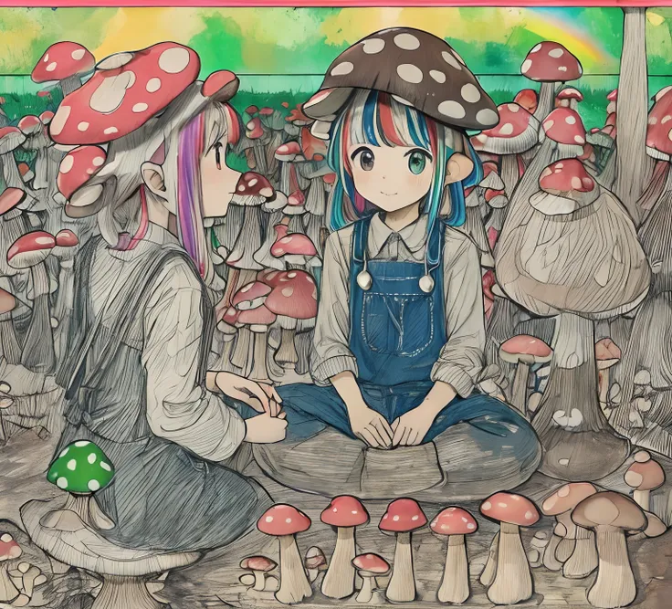 (mushroom on head:1.3), colorful, rainbow,