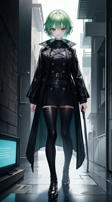 A girl with green hair,short detailed hair，Black eyes，soft expression，With a petite figure，Dynamic，a black trench coat，Black boots，(Best quality,4K,8K,A high resolution,Masterpiece:1.2)，（Detailed facial features），in a panoramic view，sportrait