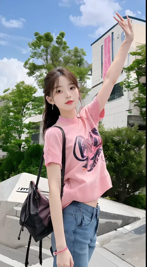 Araki woman in pink sweater and jeans waving in front of the building, 2 0 2 0 fashion, Short sleeves, shaxi, (in pink), candid, Pink clothes, taken in 2 0 2 0, 2 4 miles/sec, 24mp, bae suzy, Sweater, zmonzheng, H 576, Trendy clothes