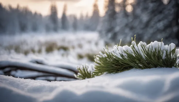 ((hight resolution,8K)), Highly detailed detail,Crisp focus:1.2,Snow close-up, Macro Close Shot, On flat snow, Smooth snow, Forest in the background, depth of fields