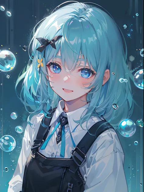 ((top-quality)), ((​masterpiece)), ((ultra-detailliert)), (extremely delicate and beautiful), girl with, 独奏, cold attitude,((Black jacket)),She is very(relax)with  the(Settled down)Looks,A dark-haired, depth of fields,evil smile,Bubble, under the water, Ai...