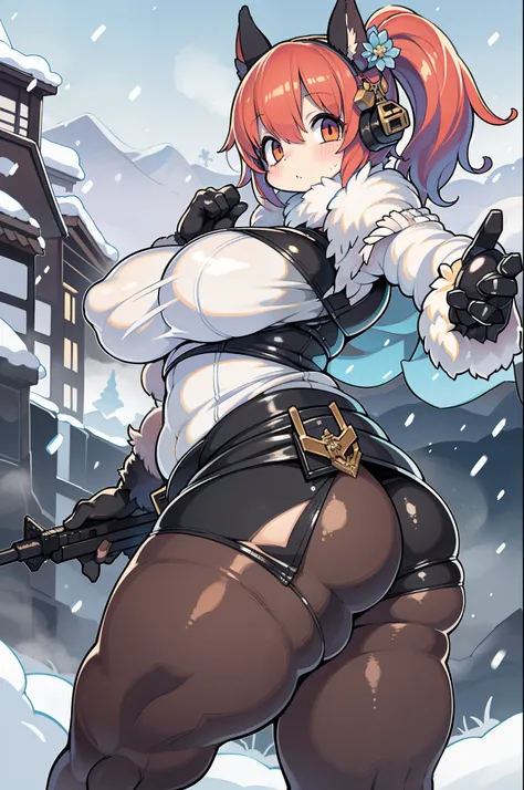 Huntress girl with huge rifle in snow fight pose,oriental,blade and soul,InkStyle,long red hair,Leather and fur coat,Tight mini skirt、Cold,The artwork,２D,4K,Detailed,Fantasia、((Huge rifle)),bbw、thick thight、big butts、