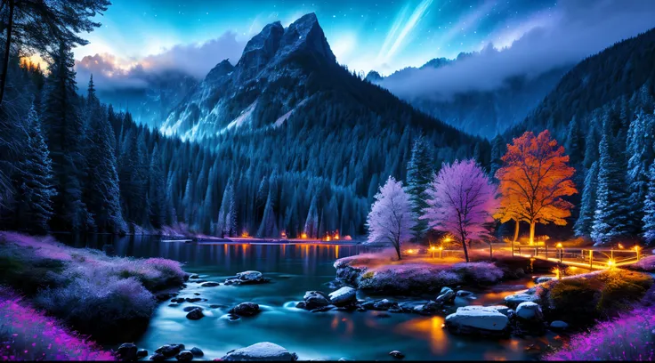 best quality, masterpiece, beautiful wild and natural fantasy landscape with glowing lights