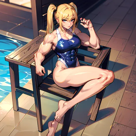 ((​masterpiece))、((Top image quality))、((top-quality))、(((Illustration of one woman)))、(((Muscle Girl)))、full body Esbian、((30-years old))、((neuter))、((Blonde twintails))、Light golden eyes、((Long body))、(((Muscular and strong body)))、((Split abs))、(((muscu...