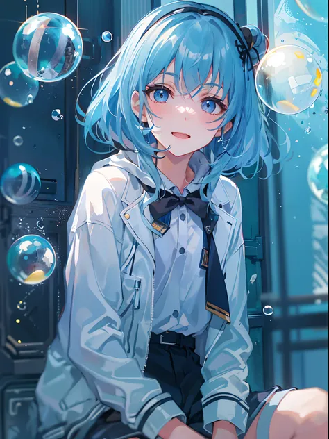 ((top-quality)), ((​masterpiece)), ((ultra-detailliert)), (extremely delicate and beautiful), girl with, 独奏, cold attitude,((Black jacket)),She is very(relax)with  the(Settled down)Looks,A dark-haired, depth of fields,evil smile,Bubble, under the water, Ai...