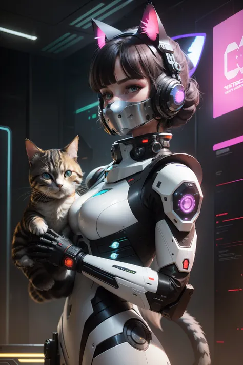 Futuristic robosuit with laser rifle,(The face is also covered with a mechanical mask of cat ears),((((There is a cat,))))Cyberpunk Art. Her, cgsociety, retrofuturism, Futuristic, future technology, scientific fiction,Illustration from the 70s