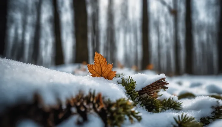 ((hight resolution,8K)), Highly detailed detail,Crisp focus:1.2,Snow close-up, Macro Close Shot, On flat snow, Smooth snow, Forest in the background, depth of fields