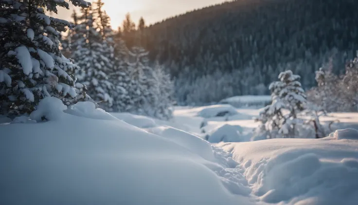 ((hight resolution,8K)), Highly detailed detail,Crisp focus:1.2,Snow close-up, Macro Close Shot, On flat snow, Smooth snow, Forest in the background, depth of fields