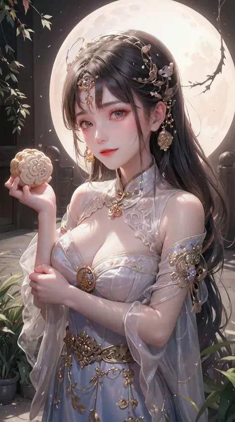 (a girl in a garden,moon palace,Change,mooncakes,rabbits),best quality,ultra-detailed,realistic:1.37,illustration,traditional Chinese painting,harmonious colors,soft lighting