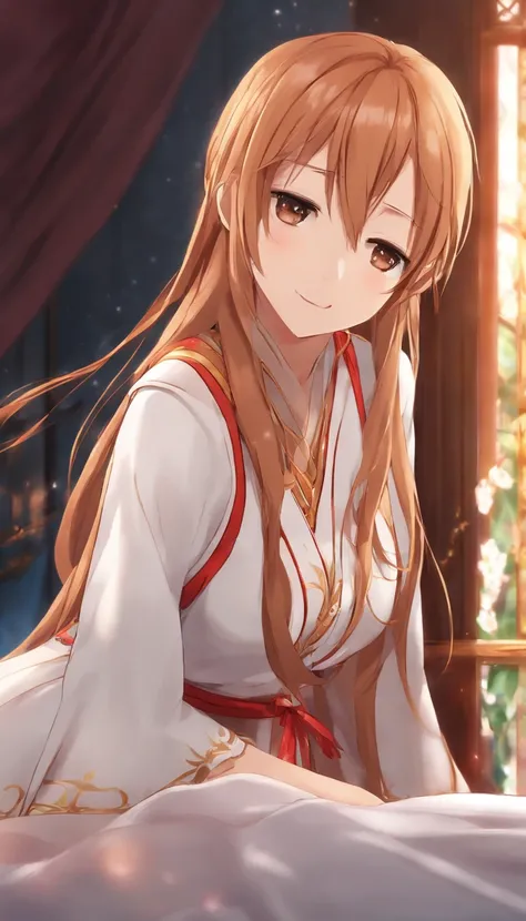 asuna, asuna_(sao), 1girl, fantasy, highres,  looking_away, looking_to_the_side,  original, realistic,   scenery,  Close-up, upper_body, smiling, action pose,on_bed,