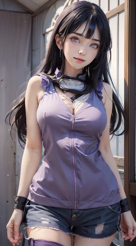 1girl, hyuga hinata in anime naruto, long hair, dark blue hair, white eyes, smile, beautiful, sexy dress, sexy clothes, purple a...