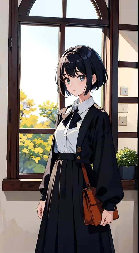 (top-quality、​masterpiece)、1girl in、sixteen years old、A stunning、Short black hair、校服、long  skirt、a room、window、small tits、tiny chest、