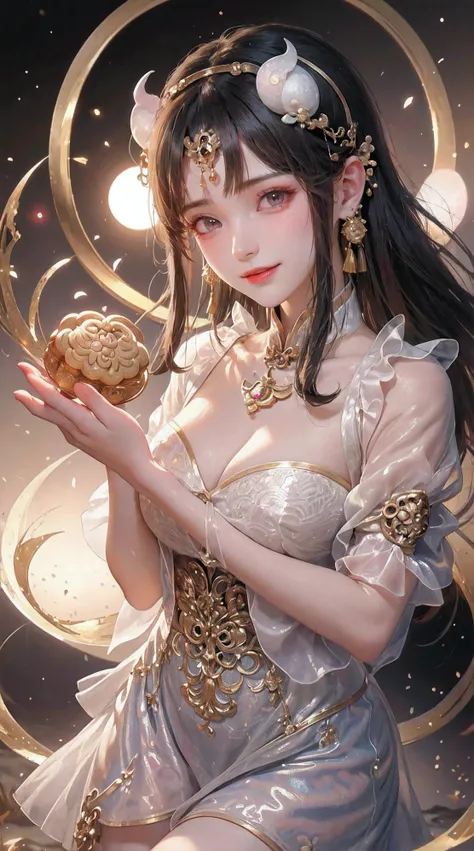 (a girl in a garden,moon palace,Change,mooncakes,rabbits),best quality,ultra-detailed,realistic:1.37,illustration,traditional Chinese painting,harmonious colors,soft lighting