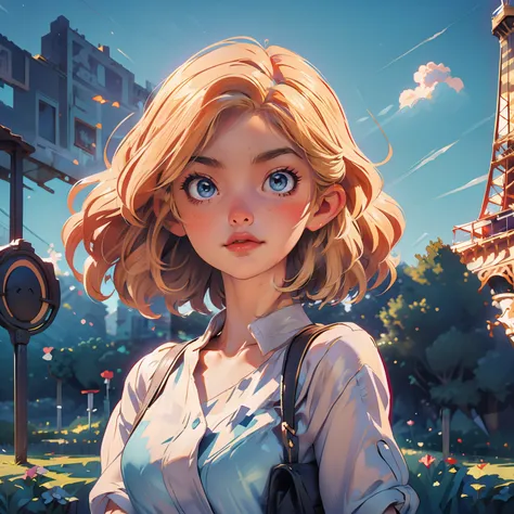 masterpiece, close up, digital paint, (Cute girl, 20 years old, blond short hair ), at the top of eiffel tower in paris by Jim Lee