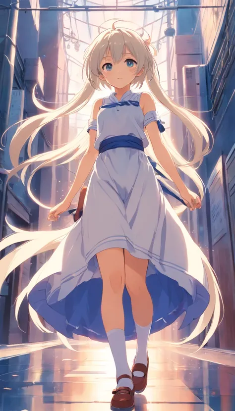 Cute loli，Tethered，long  white hair，largeeyes，Eyes are confused，Imprisoned，Be controlled，shift dresses，Lift the skirt，Leakage of the ，Leaking out of the shoulder，Long white stockings，Chains，