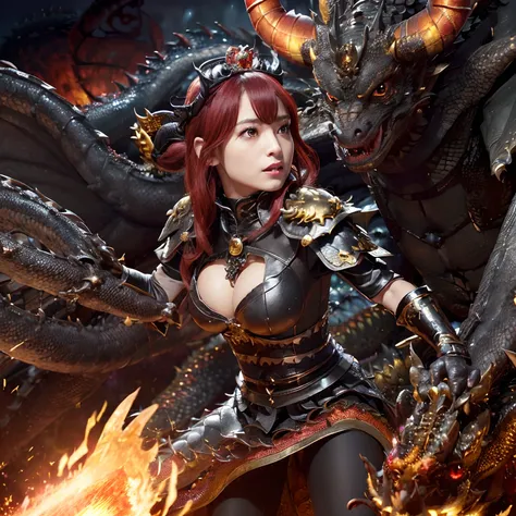 (The Ultimate Beauty Face), Professional , ​masterpiece、top-quality、photos realistic , depth of fields （Gemstone Black Metal Body:1.4),(Matte Black、（cleavage of the breast）、Dragon Gold Weapon,Mystical expression、Particles of light、((((Fight dragons)))、（a b...