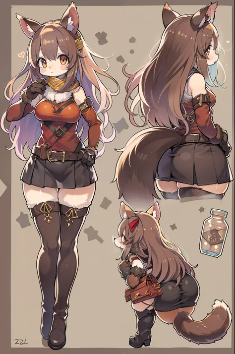 rough, raccoon ears, a racoon girl, Animal ears, Long hair, Brown hair, racoon tail, tail, gloves, Brown gloves, Belt bag, Thigh boots, thighs thighs thighs thighs,  zettai ryouiki, Red Ribbon, masutepiece, Best Quality, Solo, Cinematic lighting, Looking a...