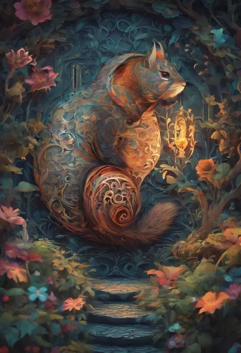 Artwork inspired by Yulia Brodskaya, paper quilling, Ratatoskr, adire texture, garden colors, intricate detail, cinematic lighting, epic