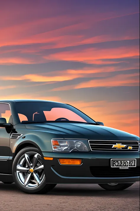 Chevrolet Opal 88 Coupet in black black piano in great condition with sports wheels in matte black color with chrome details in metallic silver in a place near the statue of Christ the Redeemer in the background at the time of sunset where the colors are v...