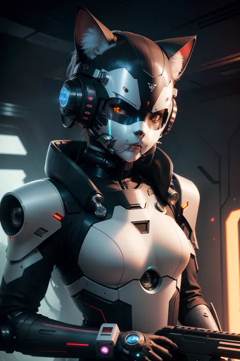 Futuristic robosuit with laser rifle,(The face is also covered with a mechanical mask of cat ears),((((There is a cat,))))Cyberpunk Art. Her, cgsociety, retrofuturism, Futuristic, future technology, scientific fiction,Illustration from the 70s