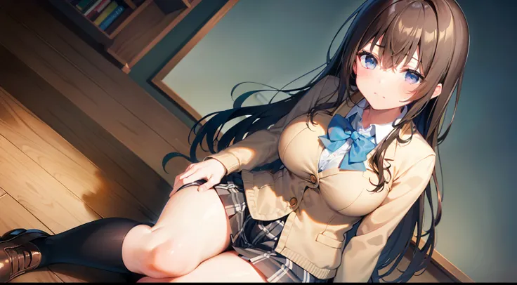 yami、Brown hair、Colossal tits、Shy face、winking、Blue eyes、school classrooms　the setting sun、Schoolgirl Uniform　Beige jacket　Plaid pleated skirt、Dark blue high socks、Female plural　holding each other