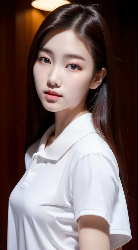 realistic photo of 1cute Korean star), medium hair, white skin, thin makeup, 32 inch breasts size, wearing polo shirt, in the class, upper body portrait, chiaroscuro, sparkle, 16k