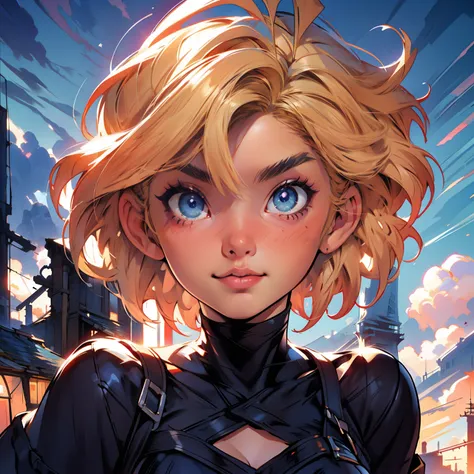 masterpiece, close up, digital paint, (Cute girl, 20 years old, blond short hair, detailed eyes ), at the top of eiffel tower in paris by Jim Lee. 1990s (style),