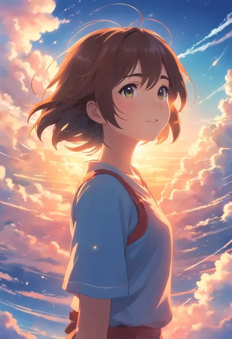 masterpiece, best quality, movie still, 1girl, cloud girl, floating in the sky, close-up, bright, happy, warm soft lighting, sunset, (sparks:0.7)