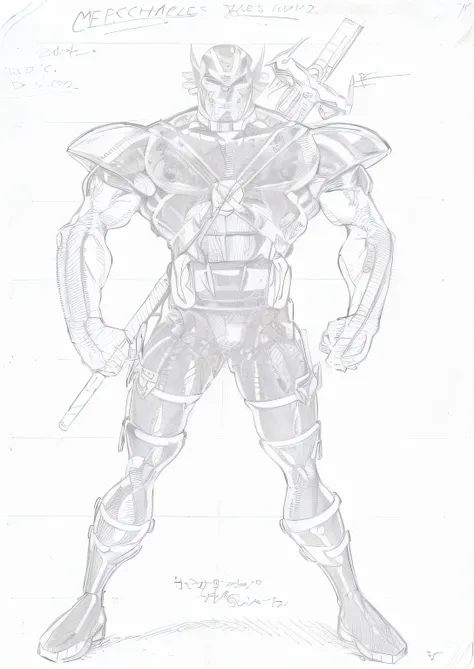 um desenho de um homem com uma espada e armadura, Roupa X-Force de corpo inteiro, conceito detalhado de corpo inteiro, conceito de corpo inteiro,  heroic proportions figure, super exaggerated proportions, contornos pesados, heavy exaggerated proportions, D...