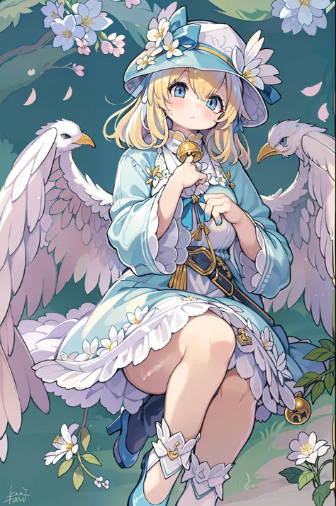 Uecla, 1girl in, Blonde hair, White background, hat, Dress, blue footwear, Wings, Simple background, signature, flower, nail polish, Wide sleeves, Long sleeves, blush, animal, white blossoms, Solo, Full body, Bird, Looking at Viewer, high-heels, hands on o...