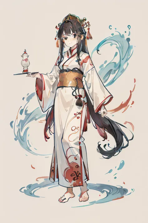 China Princess。12year old，Hanfu， shuimobysim, Traditional Chinese Ink Painting,long whitr hair，brunette color hair，ssmile。mischievous。Stand up，frontage，The barefoot，dignified，Traditional Chinese ink lines，a color