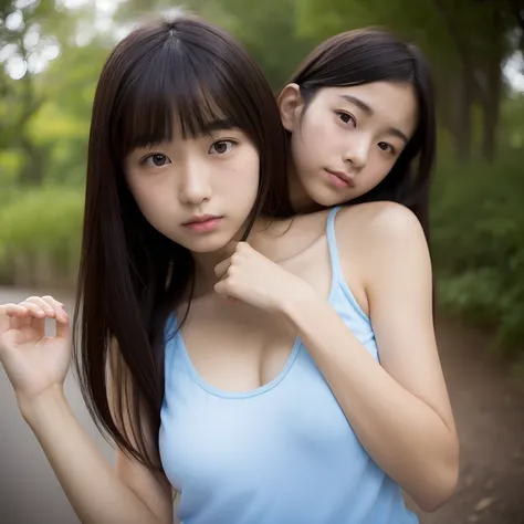 a japanese girl、sixteen years old、A dark-haired、Long、light skinned、（big breasts）、hiding chest with hands、