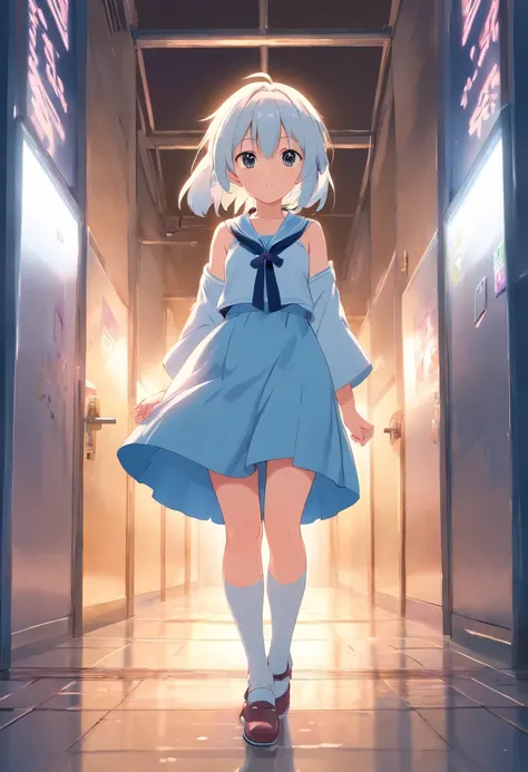 Cute loli，Tethered，long  white hair，largeeyes，Eyes are confused，Imprisoned，Be controlled，shift dresses，Lift the skirt，Leakage of the ，Leaking out of the shoulder，Long white stockings，Chains，