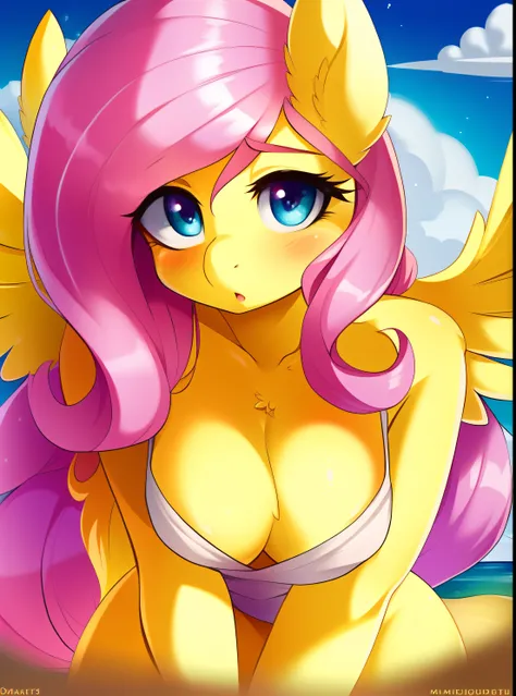 ((derpibooru_p_95)), fluttershy, solo, anthro,((best quality)), ((highly detailed)), masterpiece, (detailed eyes, deep eyes), (1girl), dynamic angle, cowboy shot, mlpfluttershy, pink hair, hair ornament, blue eyes, slight smile, yellow fur, anthro, mlp fur...