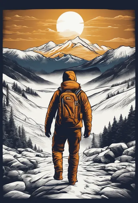 print ready vector t-shirt design, adventure scene with explorer, with beautiful nocturnal sun and mountain in the background, clean white background, professional vector, full shot, 8K resolution, deep impression illustration