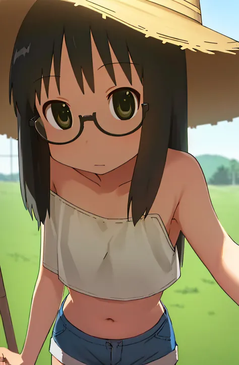 masterpiece, ncjstyle, looking at viewer, minakami mai, expressionless, naked, crop top, short pants, bucket hat, small breasts, glasses, 1girl, black hair, long hair, black eyes, solo, solo, open field, bushes,,, background, , close up shot,,