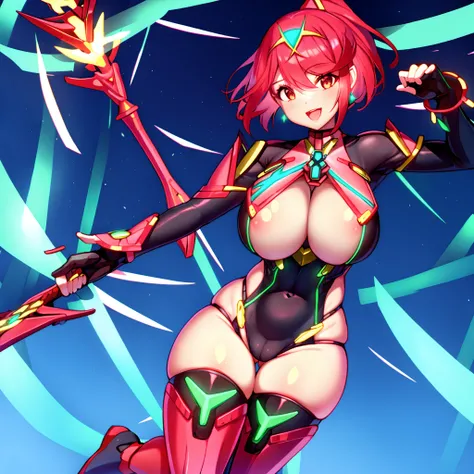 pyra (xenoblade), teen_1girl, loli, bangs, black gloves, breasts, red eyes, shout, earrings, eyelashes, fingerless gloves, floating hair, , gem, gloves, hair ornament, headpiece, jewelry, big_breasts, leaning back, swimsuit, neon trim, official art, pose, ...