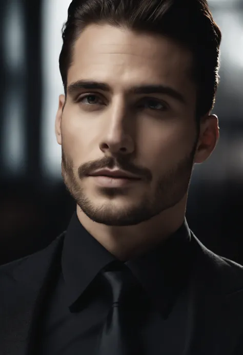 Up、Make a handsome man in his 30s in a black suit and tie, vd, brown hair and beard, (Man in black suit and tie), ), (Use a beard,) Attractive and serious look, short dark hair, Stylish and elegant, Suit-fit shave and strong body, (hightquality, Realistic ...