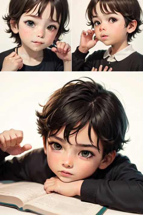 5 year old boy with a bible in hand in various poses and expressions with white background in childrens book illustration his appearance is incredibly gentle