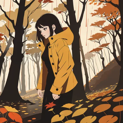 girl walking in the forest, season fall, yellow orange and red leafes falling from the trees, alone, raining weather, cloudy wea...