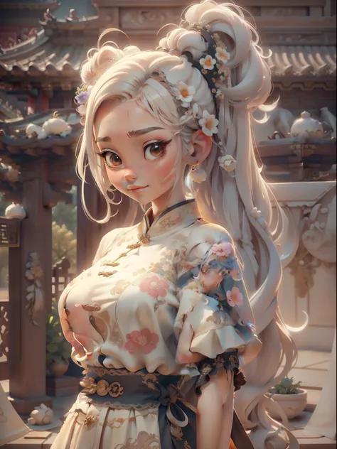 (Masterpiece, Best quality:1.2), 3 d desenho animado，1girll,Solo,Light-colored hair, Chinese hair bun, Oriental antique，surrealism, Super detail, ccurate, Best quality, hyper HD, Masterpiece, Anatomically correct, A high resolution, 16k