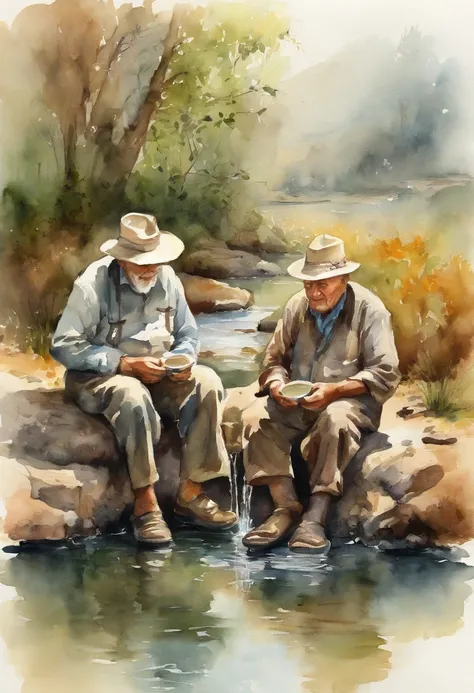 Image of two old men sitting and drinking tea next to a hot spring