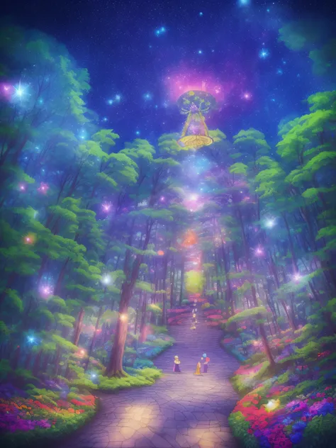 In a beautiful forest　theme park　colorful flower々　Beautiful starry sky　Mystical　picture book-style　illustratio