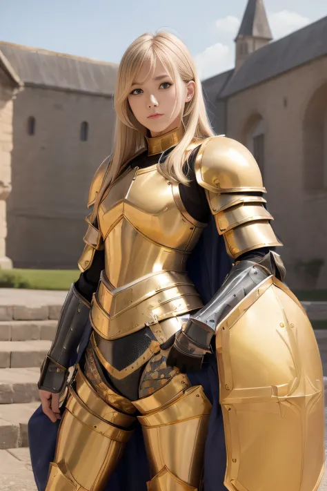 best qualtiy、masutepiece、超A high resolution、(Photorealistic:1.4)、infp young woman、(modeled:1.2)、small head、a small face、blonde  hair、long legged、(Golden full-body armor:1.3)、(Waist Armor:1.3)、(Falls Armor:1.9)、(Gold Crotch Protector:1.4)、Leg armor、(blue cl...